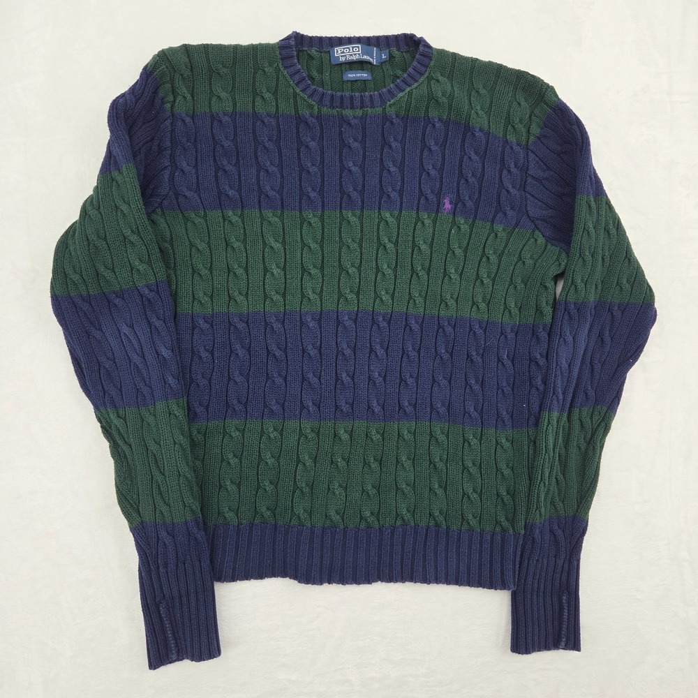 VTG Polo Ralph Lauren Two Tone Striped Cable Knit Sweater Sz Lg Blue Green Look